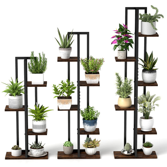 3 PCS Multi-Tiered Plant Stand Set for Living Room Bedroom Balcony-Rustic Brown