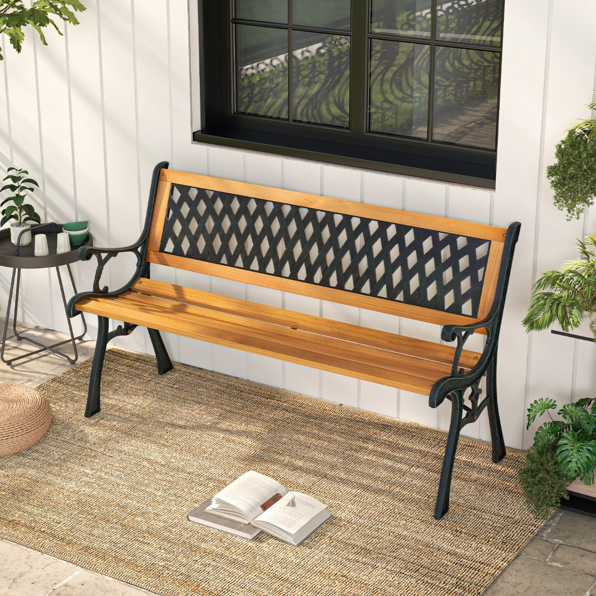 Outdoor park bench features supportive armrests for comfortable resting during extended sitting