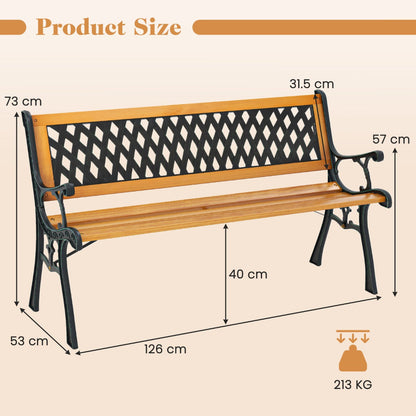Three-person outdoor patio bench with a cast metal frame and solid pine wood slatted seat