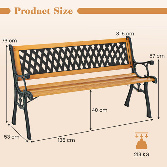 Three-person outdoor patio bench with a cast metal frame and solid pine wood slatted seat