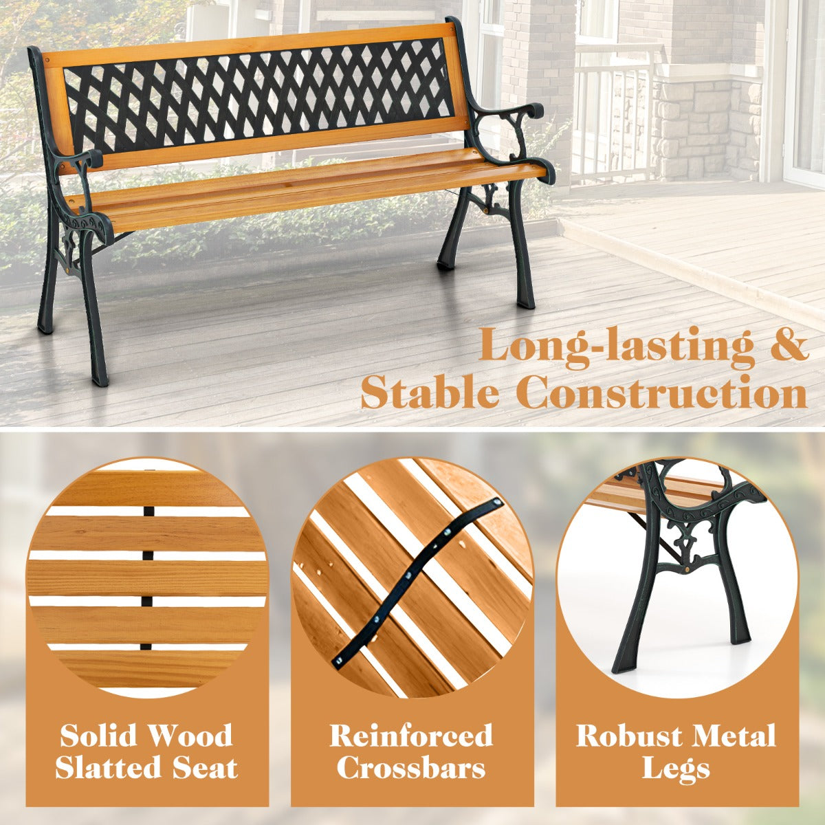 Reinforced crossbars and robust metal legs provide a stable and durable bench construction