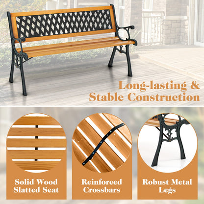 Reinforced crossbars and robust metal legs provide a stable and durable bench construction
