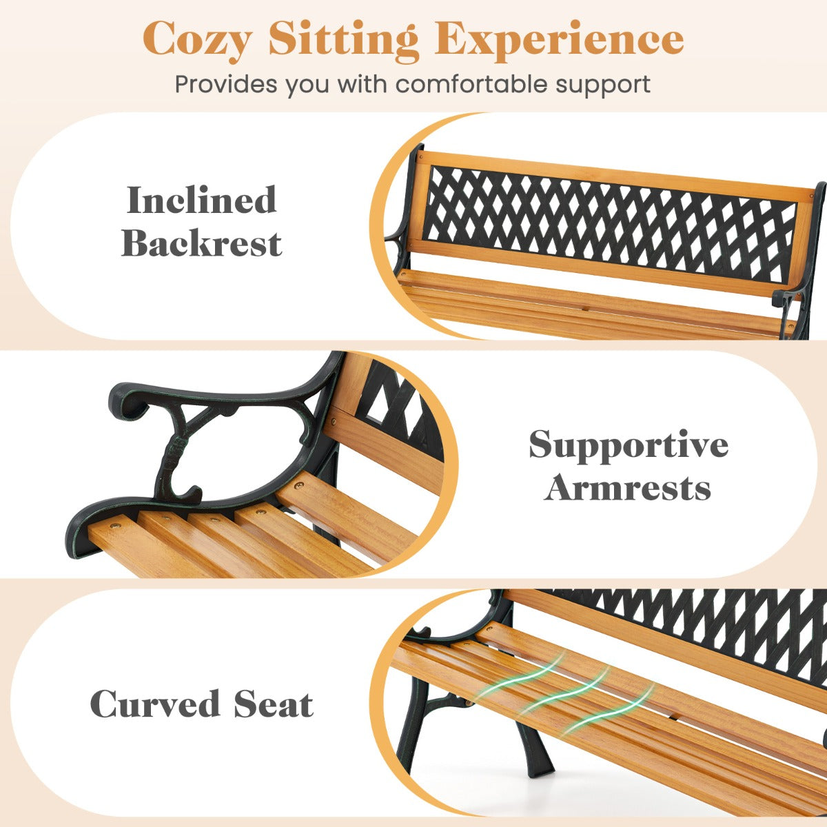 Decorative floral backrest and grid details add vintage charm to the patio bench design