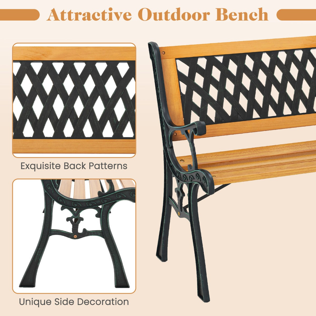 Black and natural garden bench suits porches, patios, backyards, gardens and parks