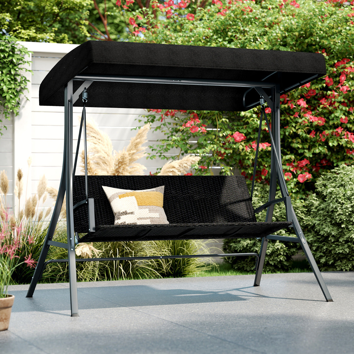 3-Person Porch Swing with Stand and Metal Frame-Black