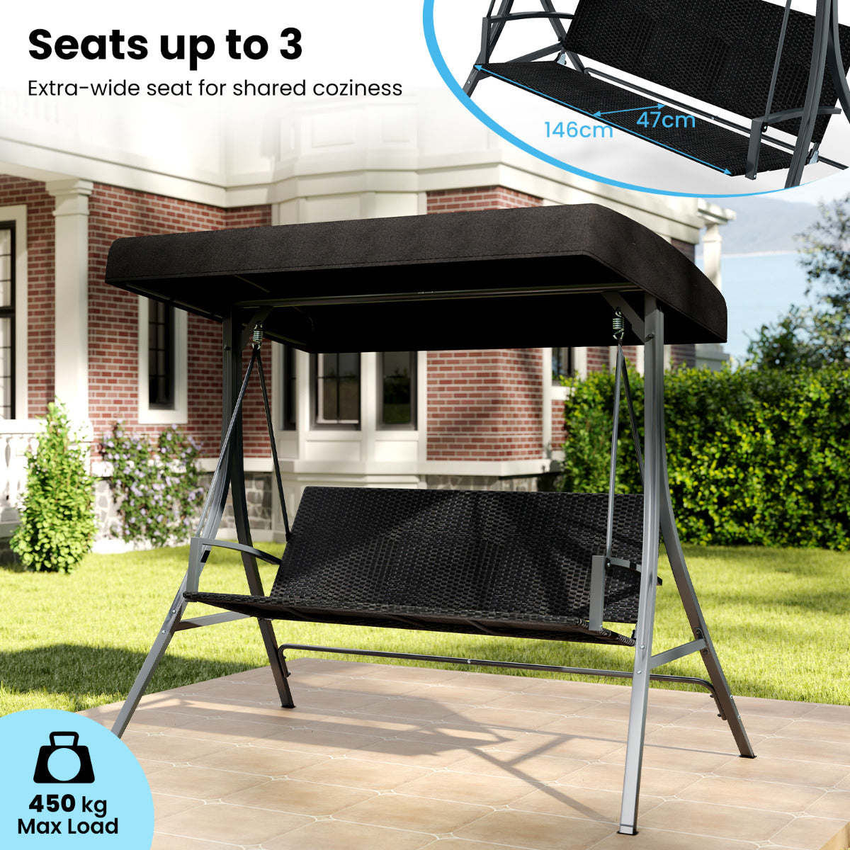 3-Person Porch Swing with Stand and Metal Frame-Black