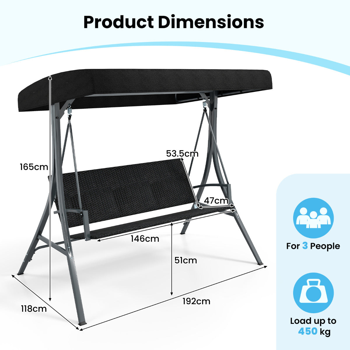 3-Person Porch Swing with Stand and Metal Frame-Black