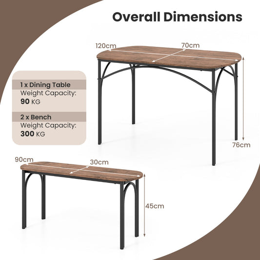 Three-piece dining table set with rectangular MDF tabletop, two benches, and a vintage industrial design