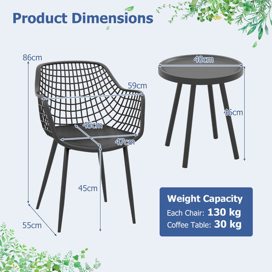 Three-piece black patio bistro set with two ergonomic PP chairs and a concave round coffee table