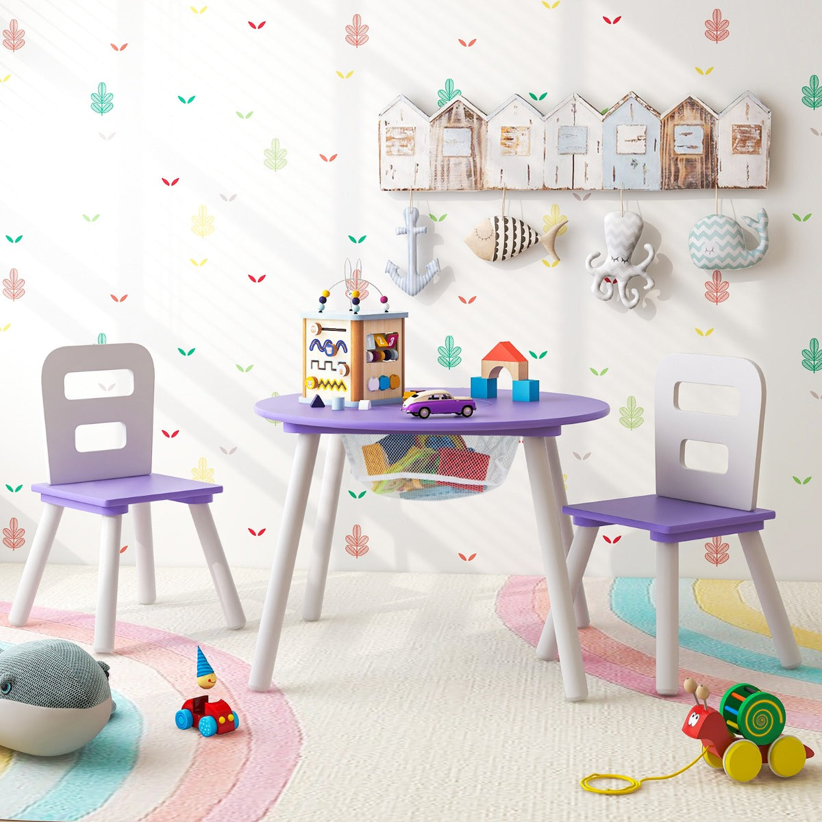 Costway 3 Piece Children Activity Table Set with Center Mesh Storage for Arts Crafts Meals and Study-Purple