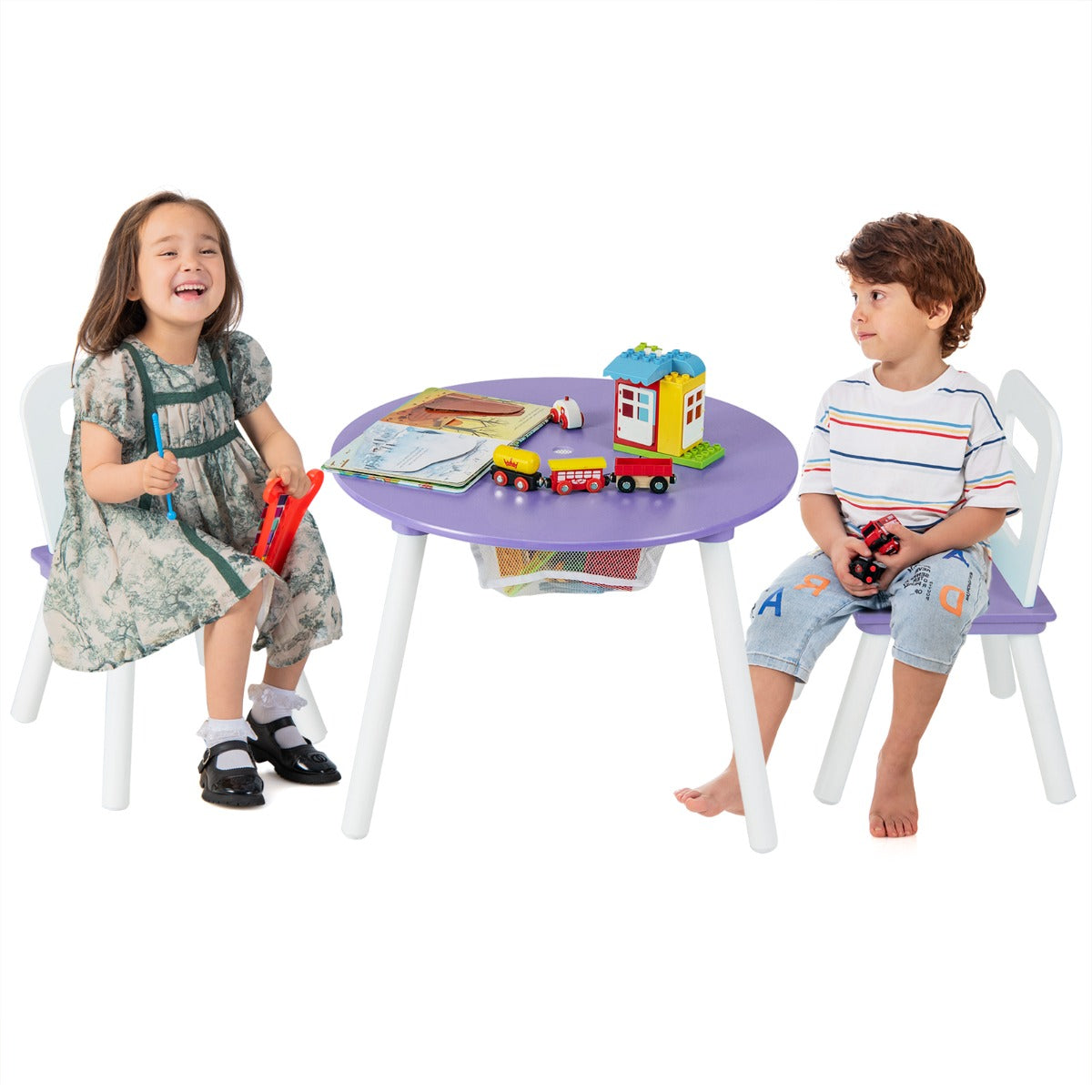 Costway 3 Piece Children Activity Table Set with Center Mesh Storage for Arts Crafts Meals and Study-Purple