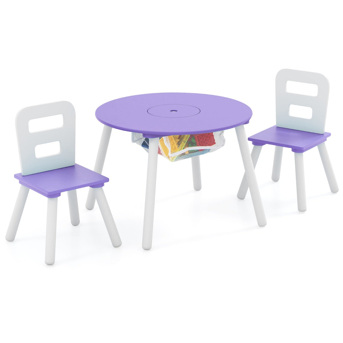 Costway 3 Piece Children Activity Table Set with Center Mesh Storage for Arts Crafts Meals and Study-Purple