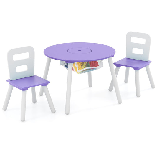 Costway 3 Piece Children Activity Table Set with Center Mesh Storage for Arts Crafts Meals and Study-Purple