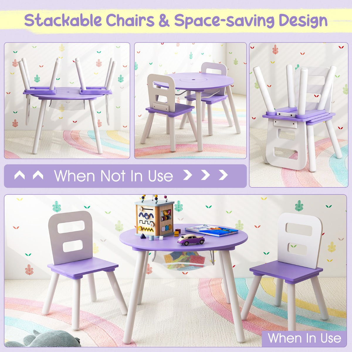 Costway 3 Piece Children Activity Table Set with Center Mesh Storage for Arts Crafts Meals and Study-Purple
