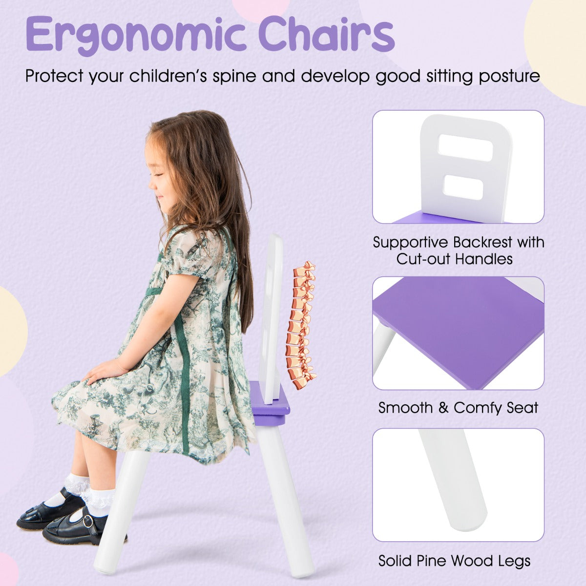 Costway 3 Piece Children Activity Table Set with Center Mesh Storage for Arts Crafts Meals and Study-Purple