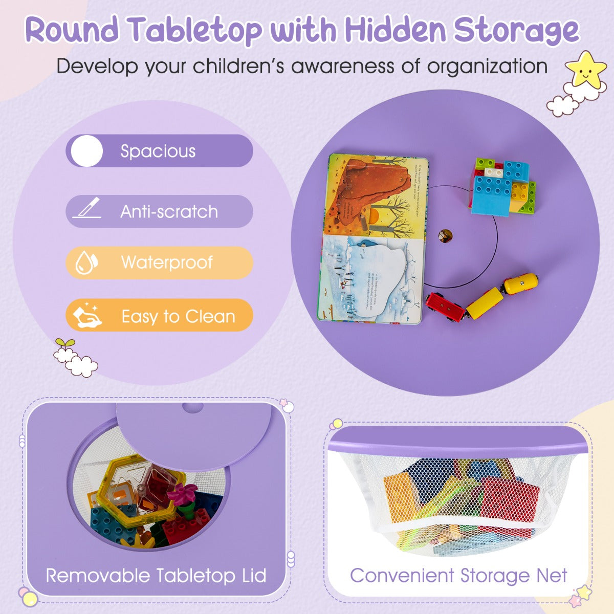 Costway 3 Piece Children Activity Table Set with Center Mesh Storage for Arts Crafts Meals and Study-Purple