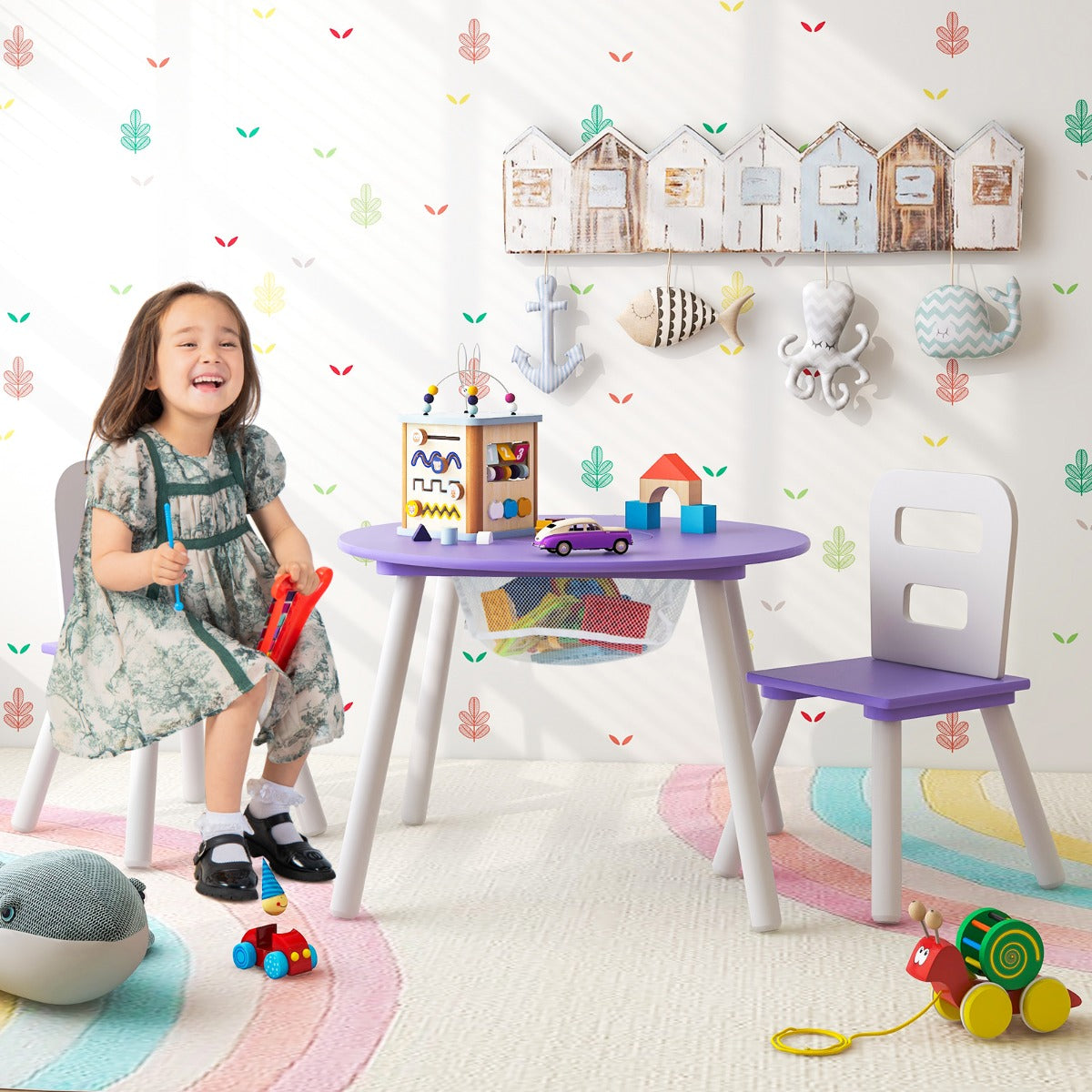 Costway 3 Piece Children Activity Table Set with Center Mesh Storage for Arts Crafts Meals and Study-Purple