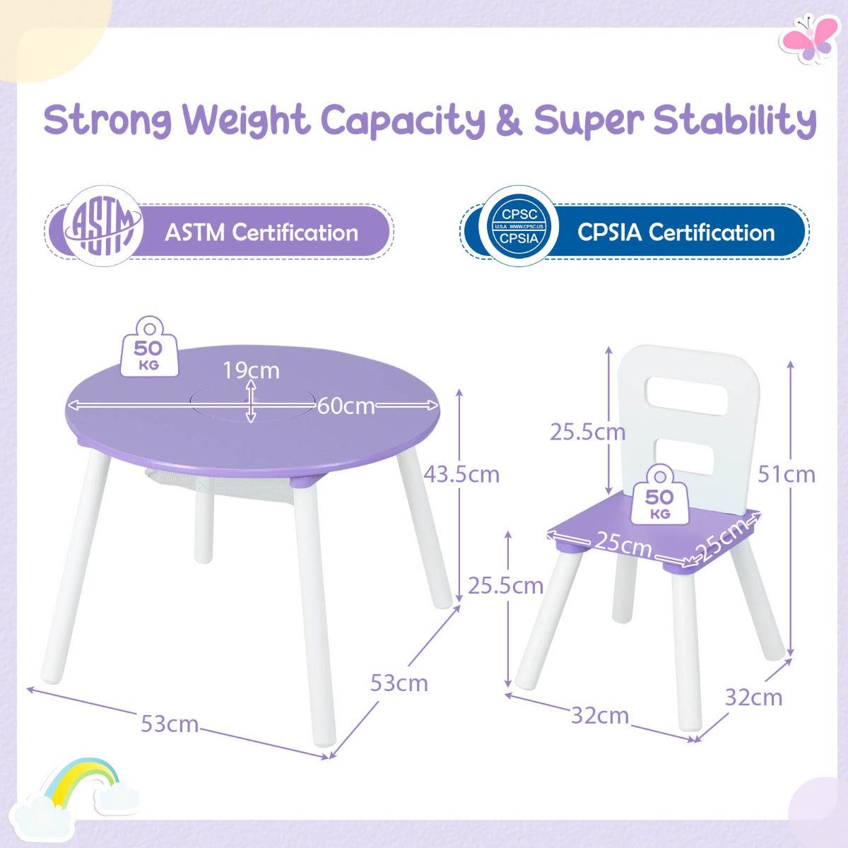 Three-piece kids table and chair set with a round table, two chairs and a central storage bag