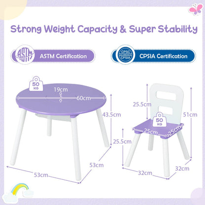 Three-piece kids table and chair set with a round table, two chairs and a central storage bag