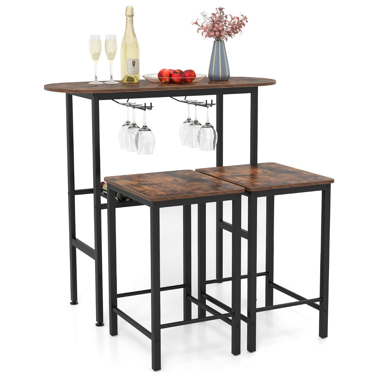 3 Piece Counter Height Table Set with Wine Rack-Brown