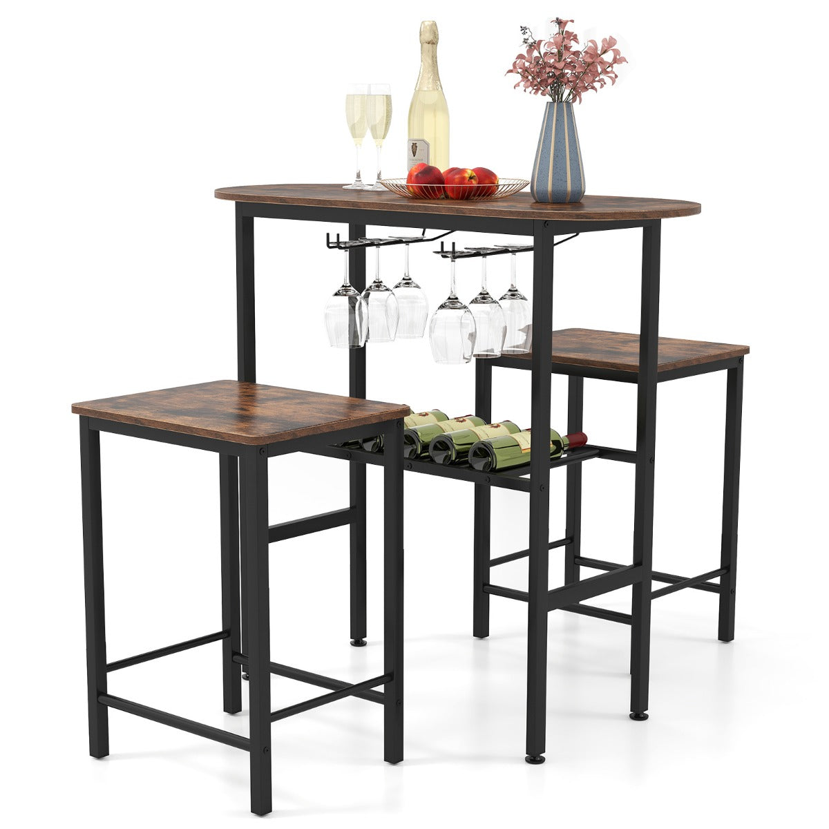 3 Piece Counter Height Table Set with Wine Rack-Brown