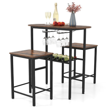 3 Piece Counter Height Table Set with Wine Rack-Brown