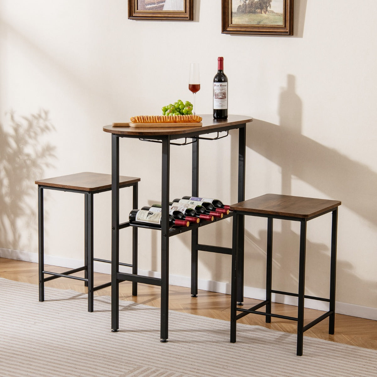 3 Piece Counter Height Table Set with Wine Rack-Brown