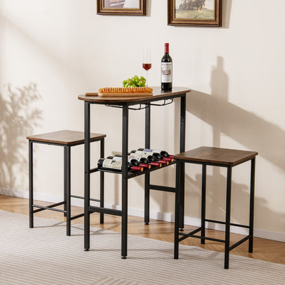 3 Piece Counter Height Table Set with Wine Rack-Brown