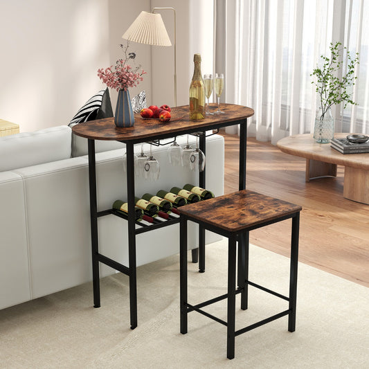 3 Piece Counter Height Table Set with Wine Rack-Brown