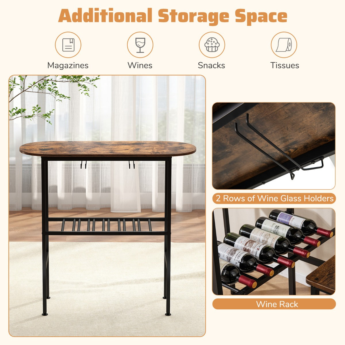 3 Piece Counter Height Table Set with Wine Rack-Brown