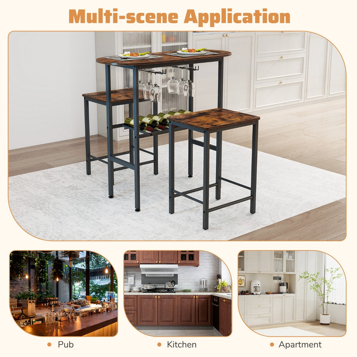 3 Piece Counter Height Table Set with Wine Rack-Brown