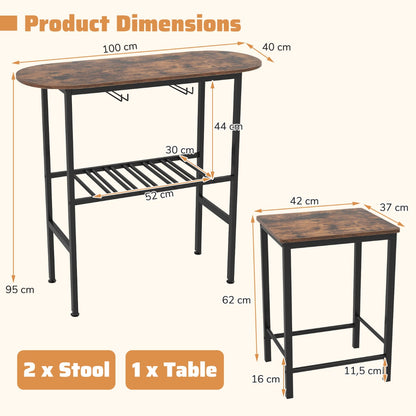 3 Piece Counter Height Table Set with Wine Rack-Brown