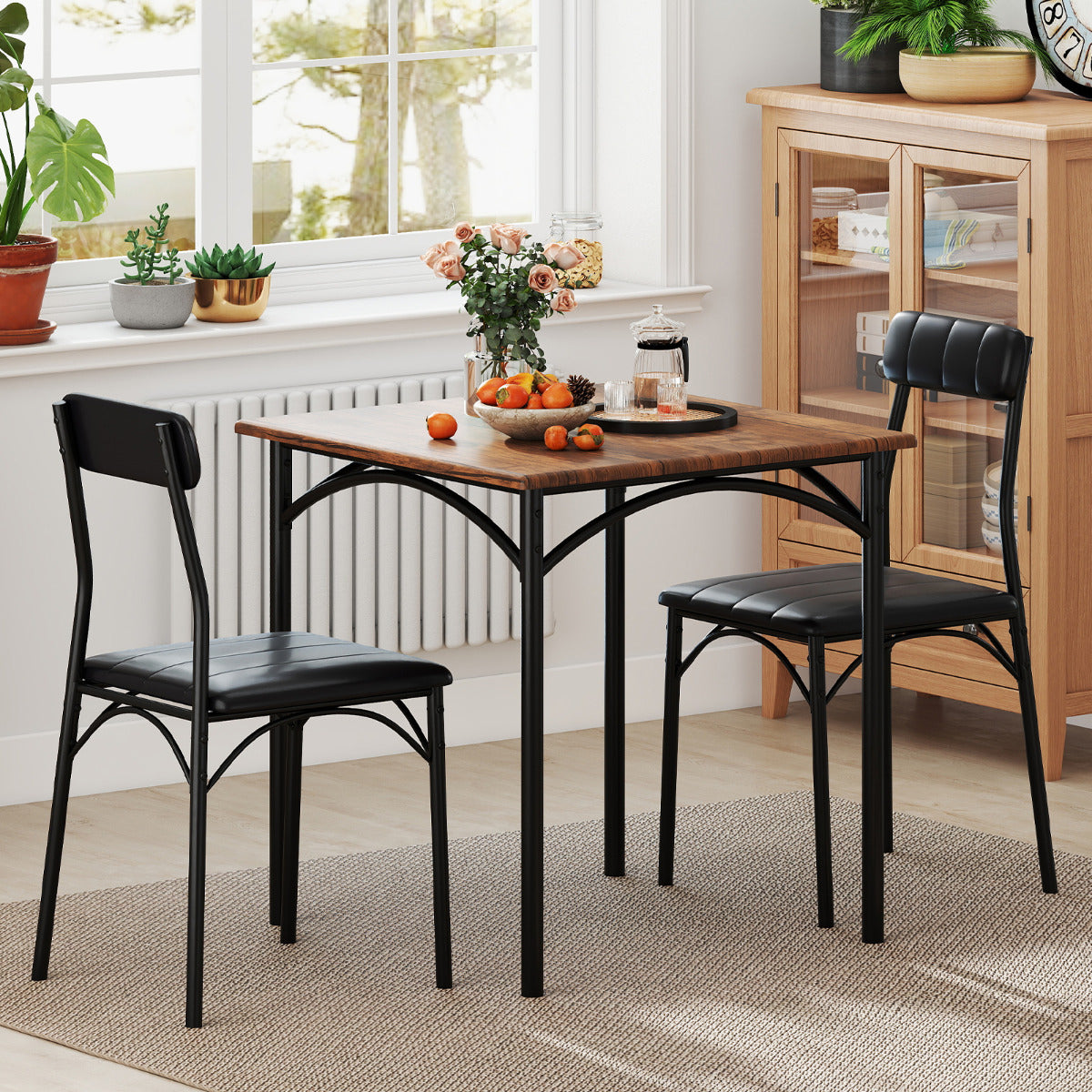 3-Piece Dining Table Set with Upholstered Seats-Black