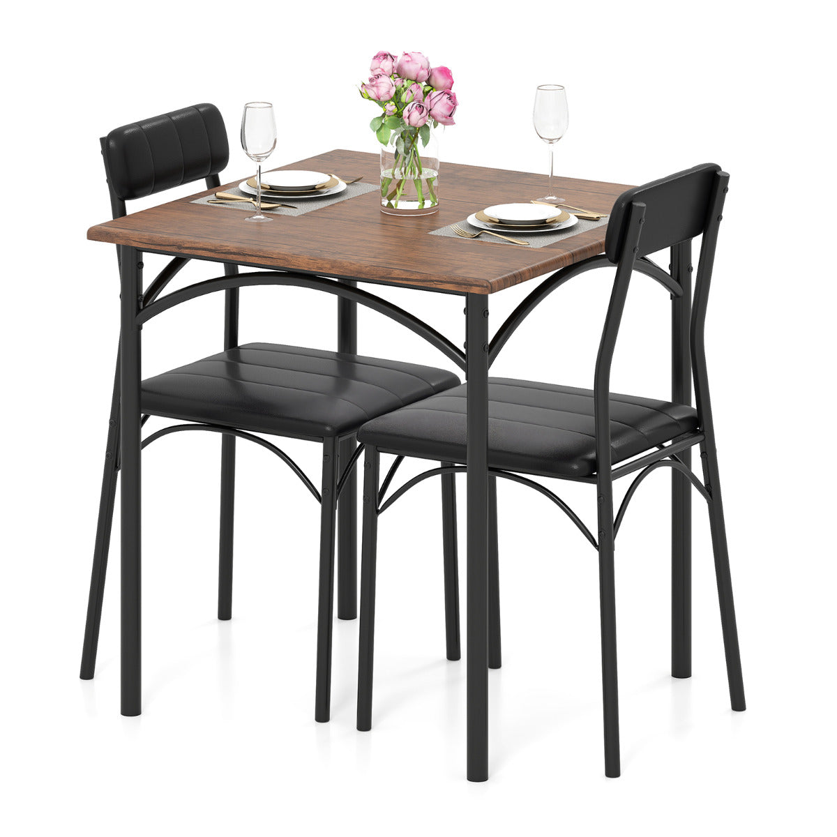 3-Piece Dining Table Set with Upholstered Seats-Black