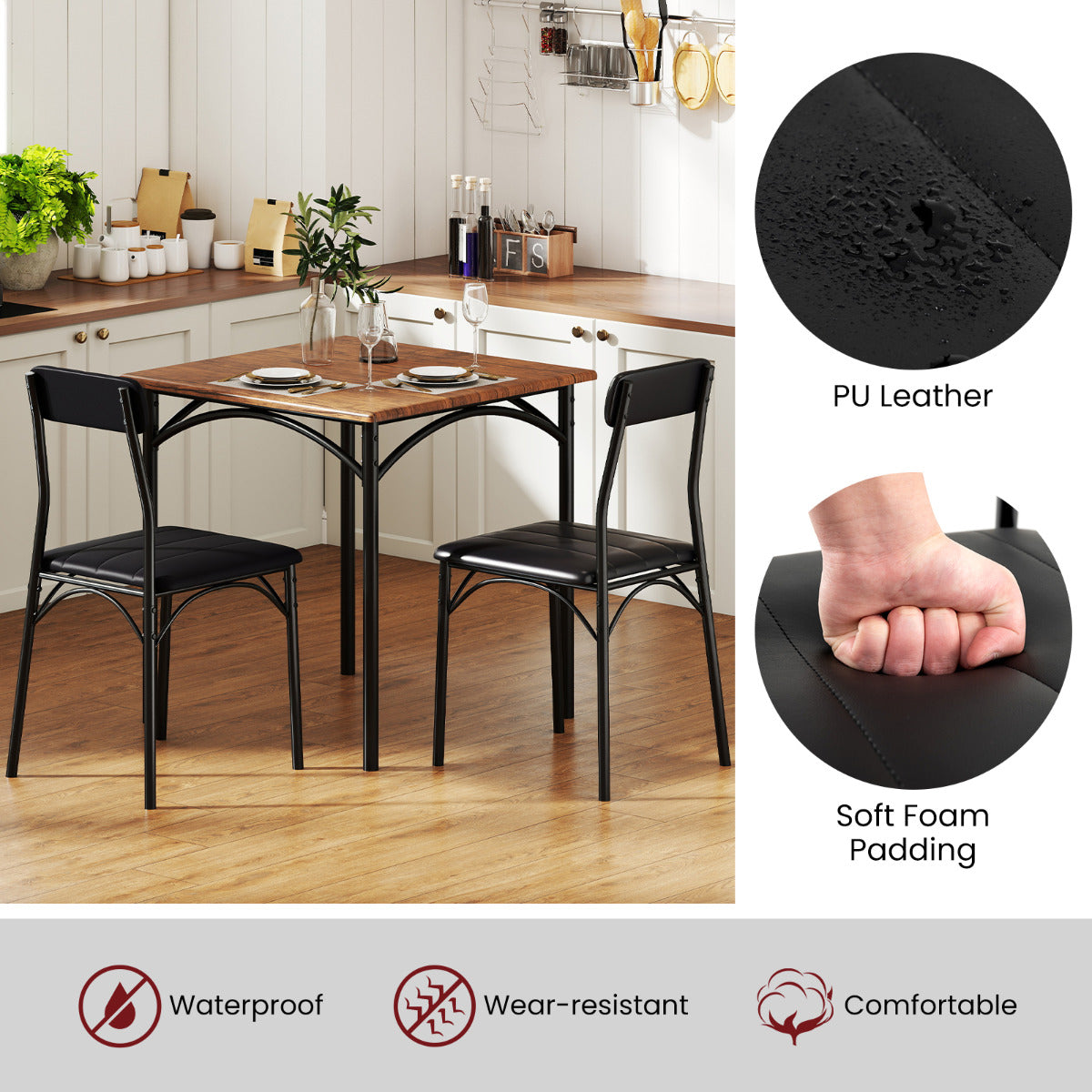 3-Piece Dining Table Set with Upholstered Seats-Black