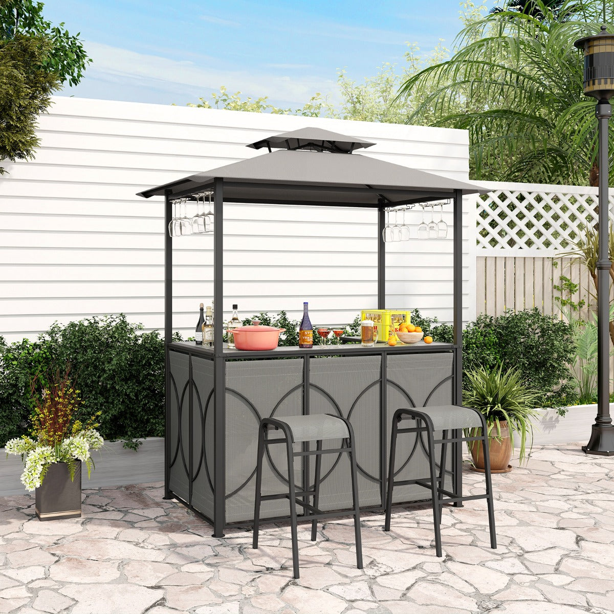 Costway 3-Piece Patio Bar Set with Metal Storage Shelves and Glass Holders-Grey
