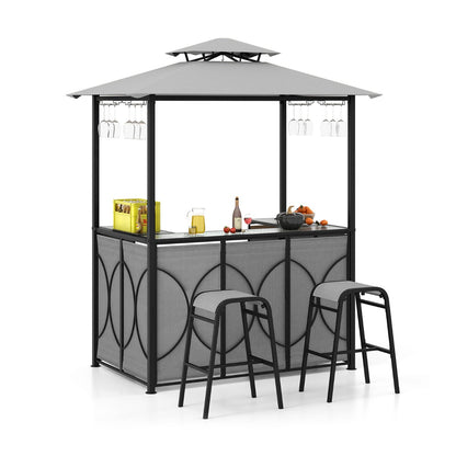 Costway 3-Piece Patio Bar Set with Metal Storage Shelves and Glass Holders-Grey