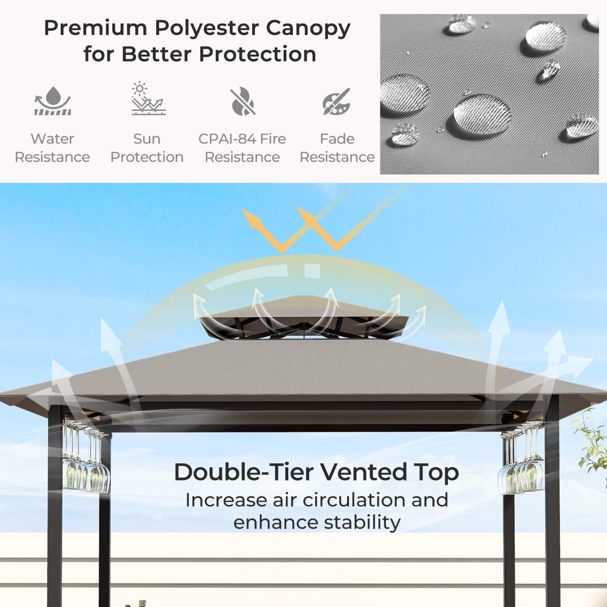 Costway 3-Piece Patio Bar Set with Metal Storage Shelves and Glass Holders-Grey