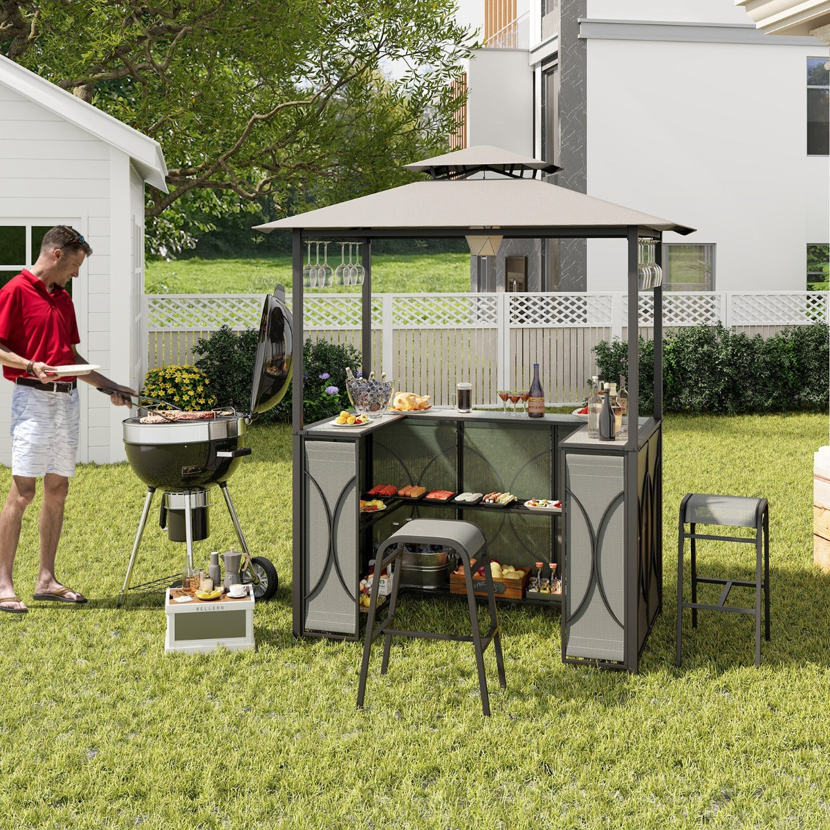 Costway 3-Piece Patio Bar Set with Metal Storage Shelves and Glass Holders-Grey