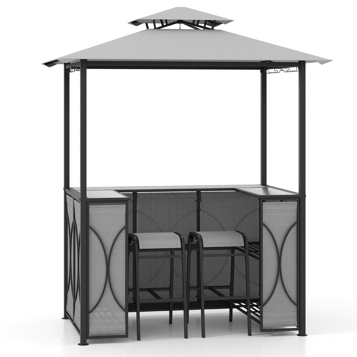 Costway 3-Piece Patio Bar Set with Metal Storage Shelves and Glass Holders-Grey
