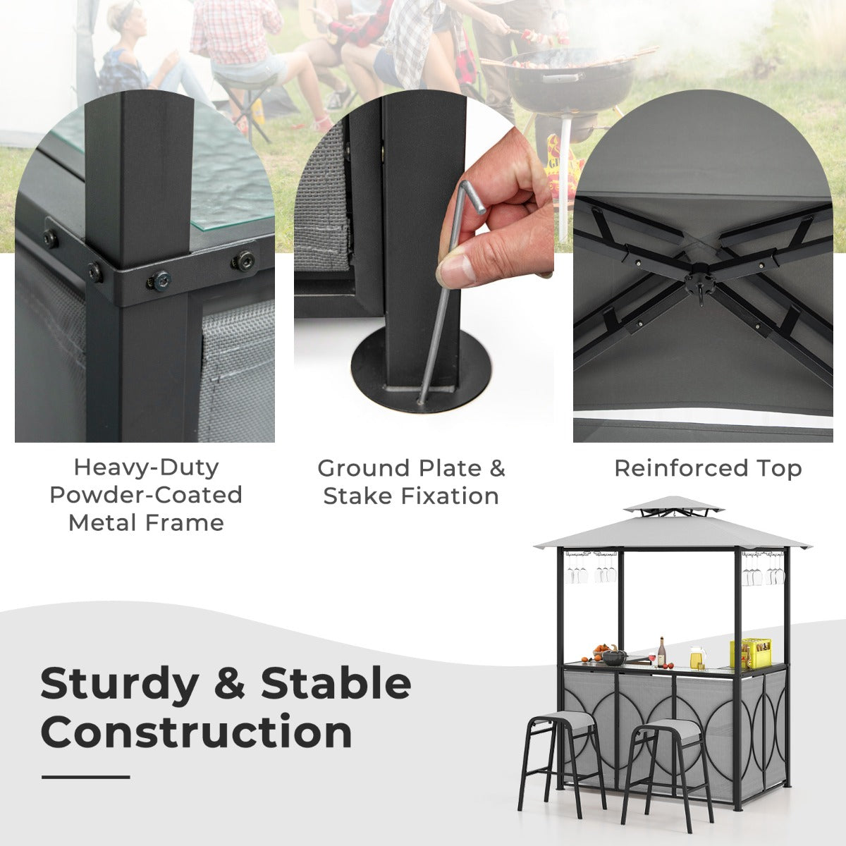 Costway 3-Piece Patio Bar Set with Metal Storage Shelves and Glass Holders-Grey