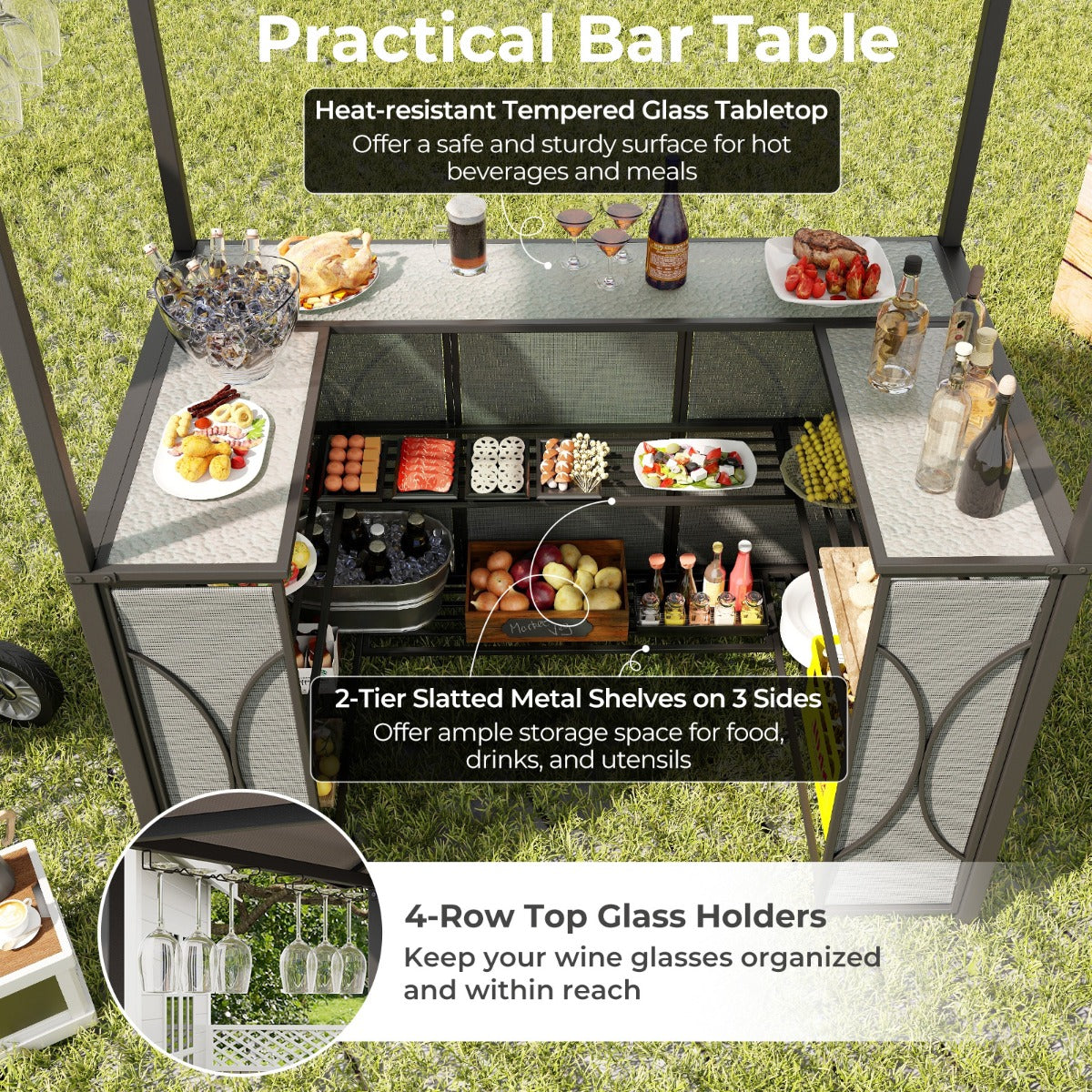 Costway 3-Piece Patio Bar Set with Metal Storage Shelves and Glass Holders-Grey