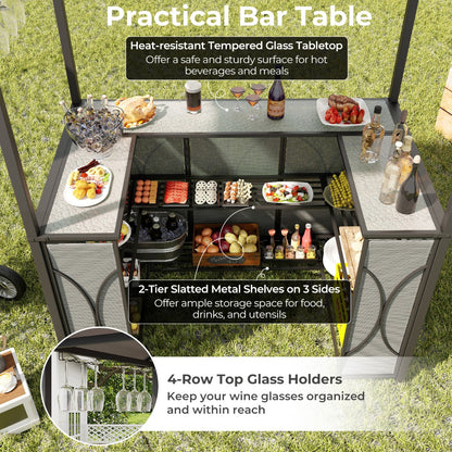 Costway 3-Piece Patio Bar Set with Metal Storage Shelves and Glass Holders-Grey