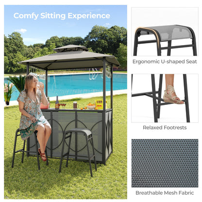 Costway 3-Piece Patio Bar Set with Metal Storage Shelves and Glass Holders-Grey