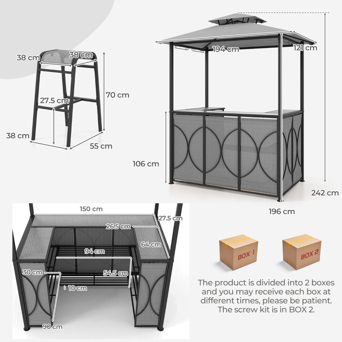 Costway 3-Piece Patio Bar Set with Metal Storage Shelves and Glass Holders-Grey