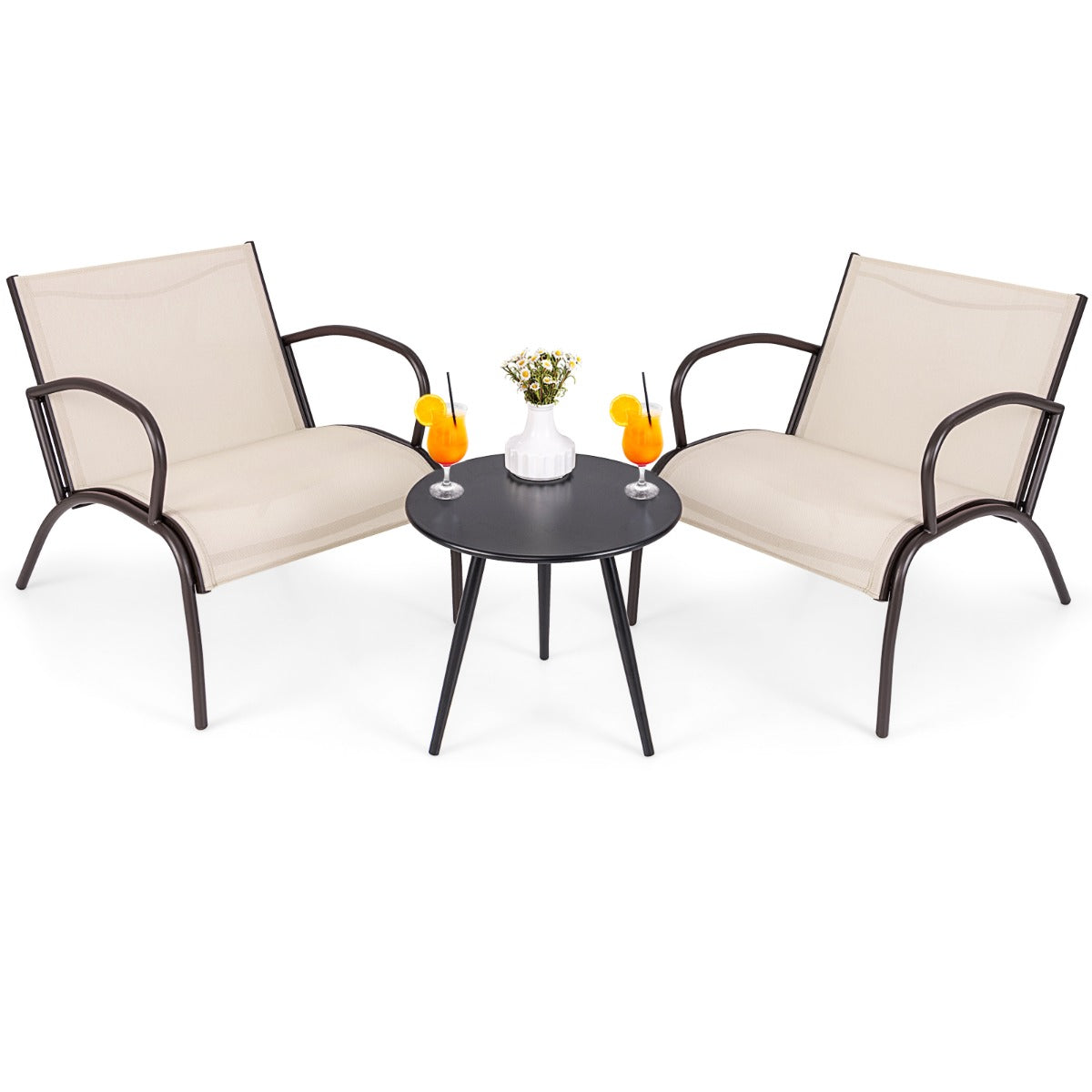 Weather-ready patio seating set combines durable fabric, sturdy metal and stylish contemporary design
