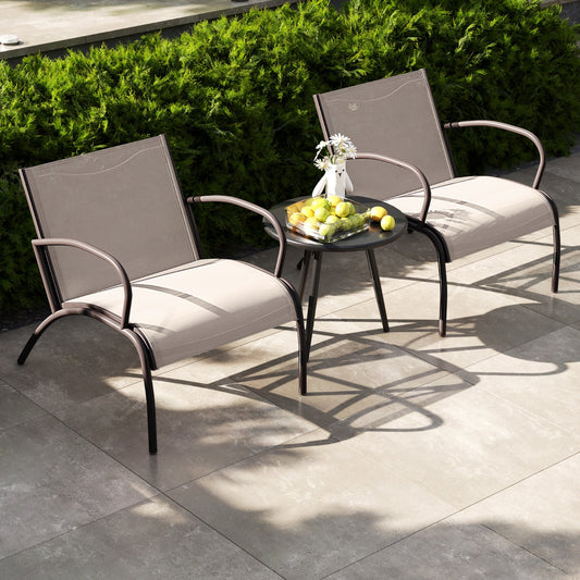 Costway 3 Piece Patio Bistro Set with Curved Fabric Sea for Backyard-Coffee