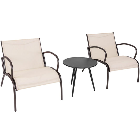 Modern outdoor patio set with two spacious armchairs and a round metal coffee table