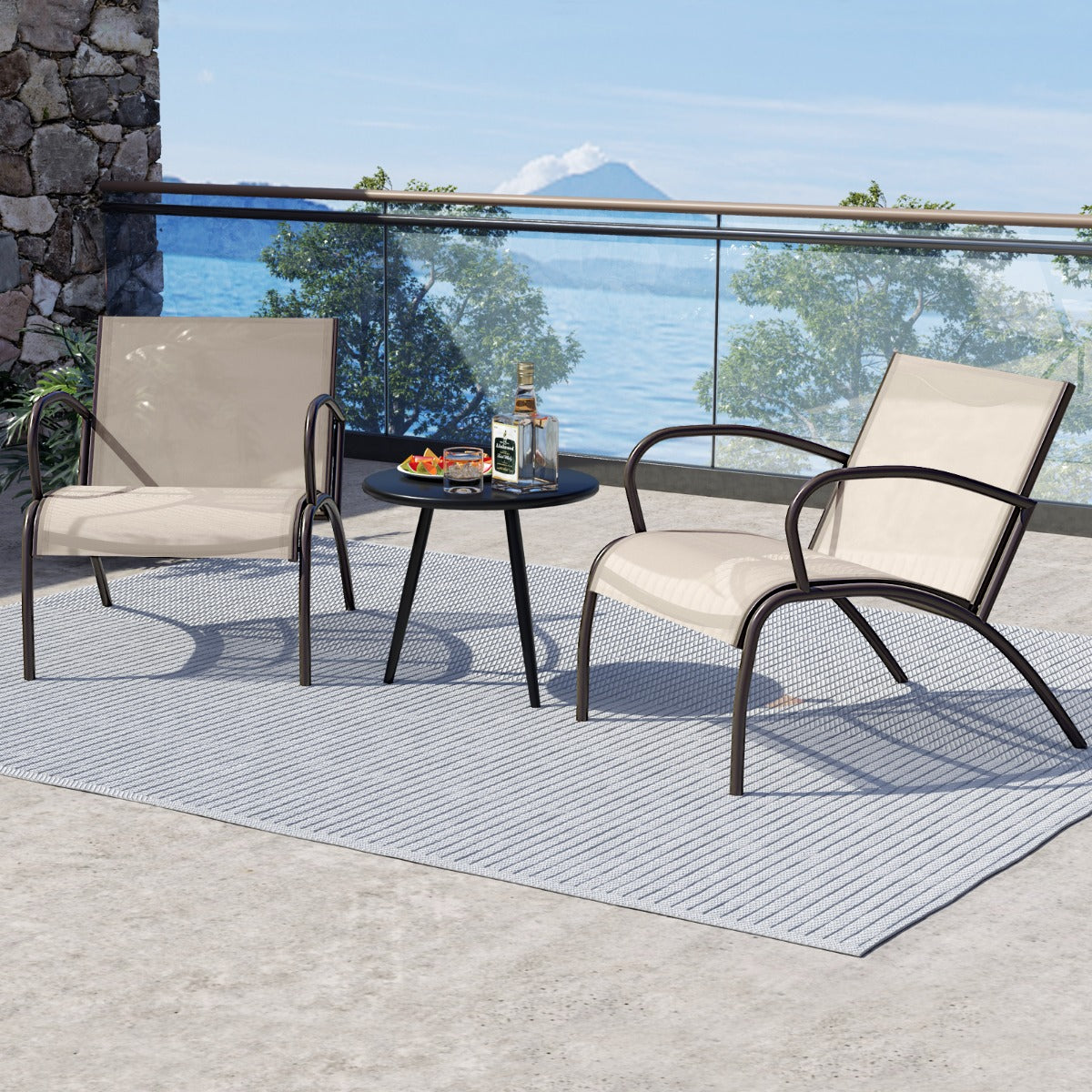 Curved outdoor armchairs with 50cm seat depth cradle the body for a more comfortable sitting experience