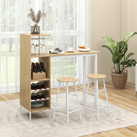 Costway 3 Pieces Bar Table and Chair Set with 6-Bottle Wine Racks for Dining Room-Natural